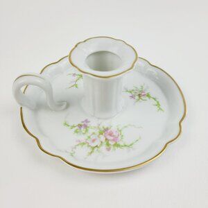 Vintage Haviland France Handled Candle Holder, Rosalinde Pink Floral & Gold Trim